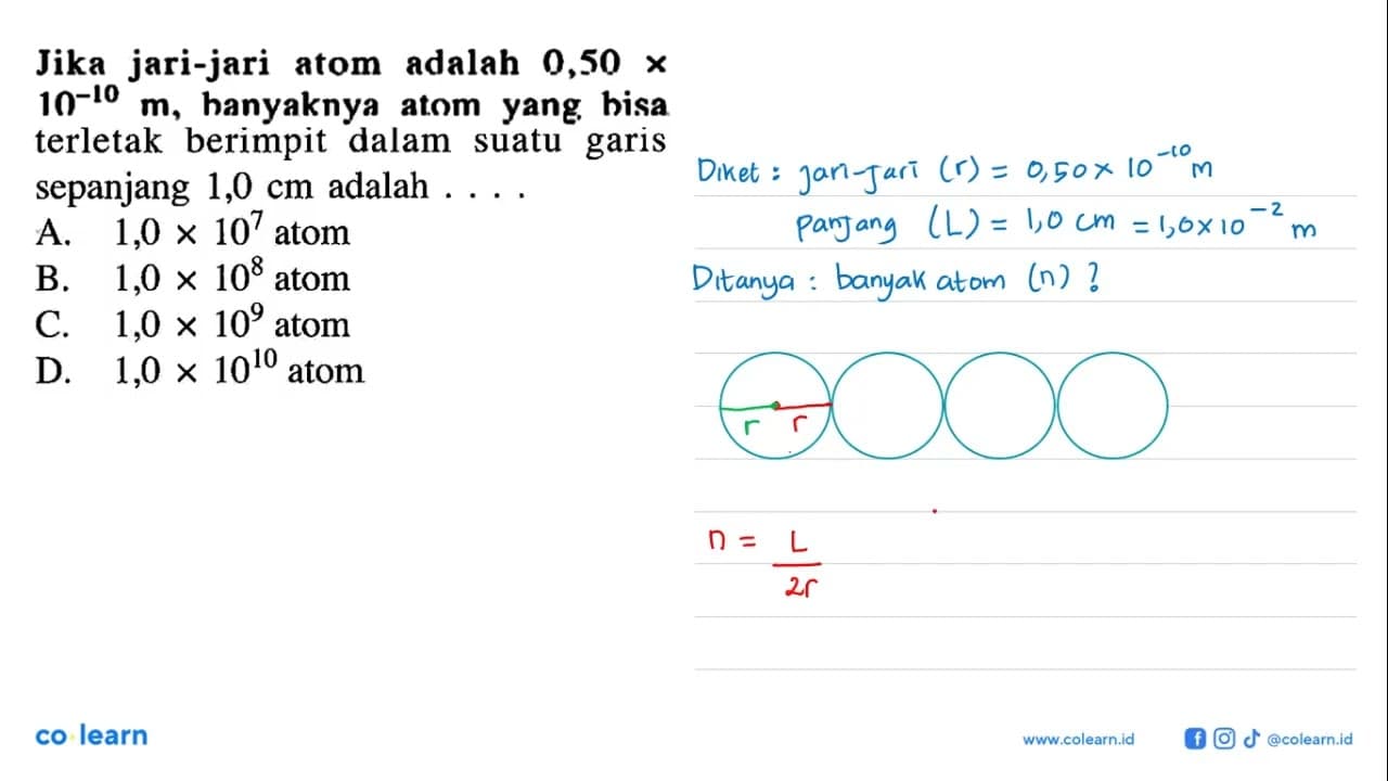 Jika jari-jari atom adalah 0,50 x 10^(-10) m, banyaknya