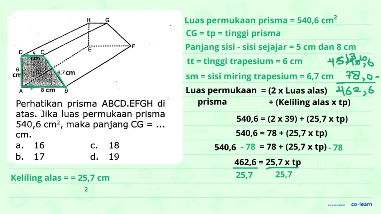 Perhatikan prisma ABCD.EFGH di atas. Jika luas permukaan