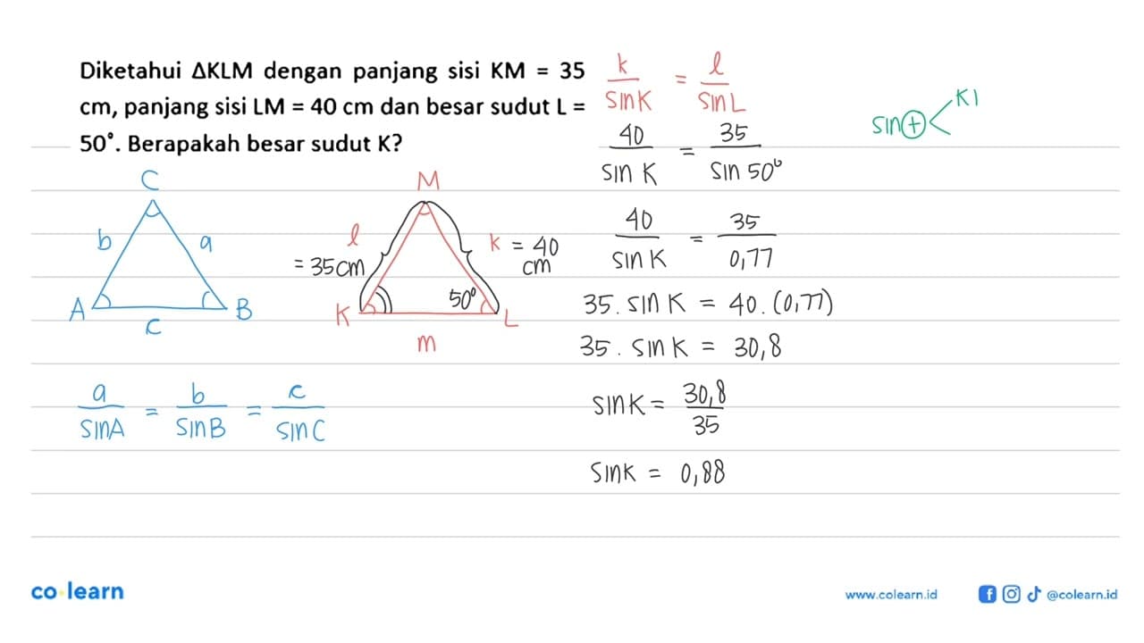 Diketahui segitiga KLM dengan panjang sisi KM=35cm, panjang