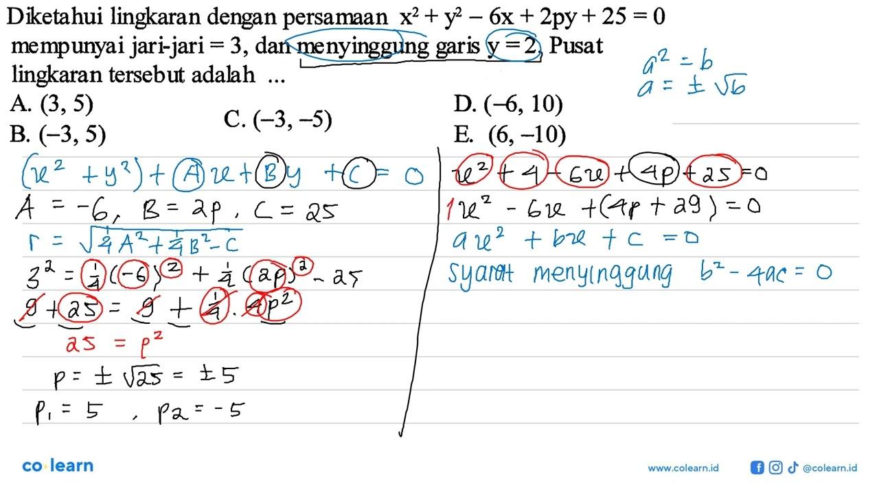 Diketahui lingkaran dengan persamaan x^2+y^2-6x+2py+25=0