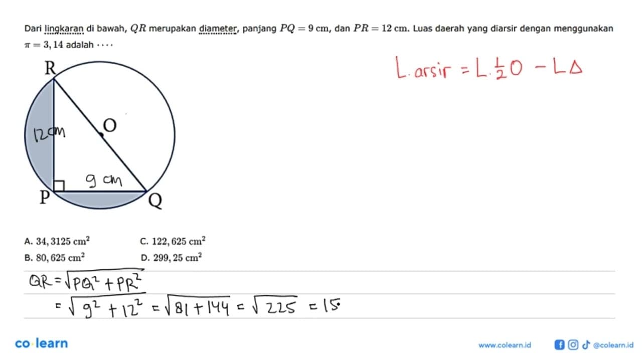 Dari lingkaran di bawah, QR merupakan diameter, panjang