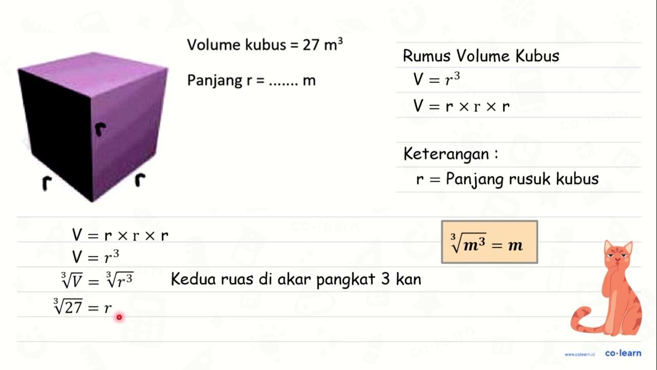 Volume kubus =27 m^(3) Panjang r=.. m