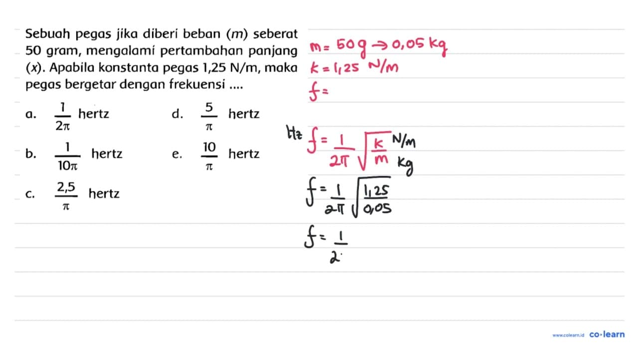 Sebuah pegas jika diberi beban ( m ) seberat 50 gram,