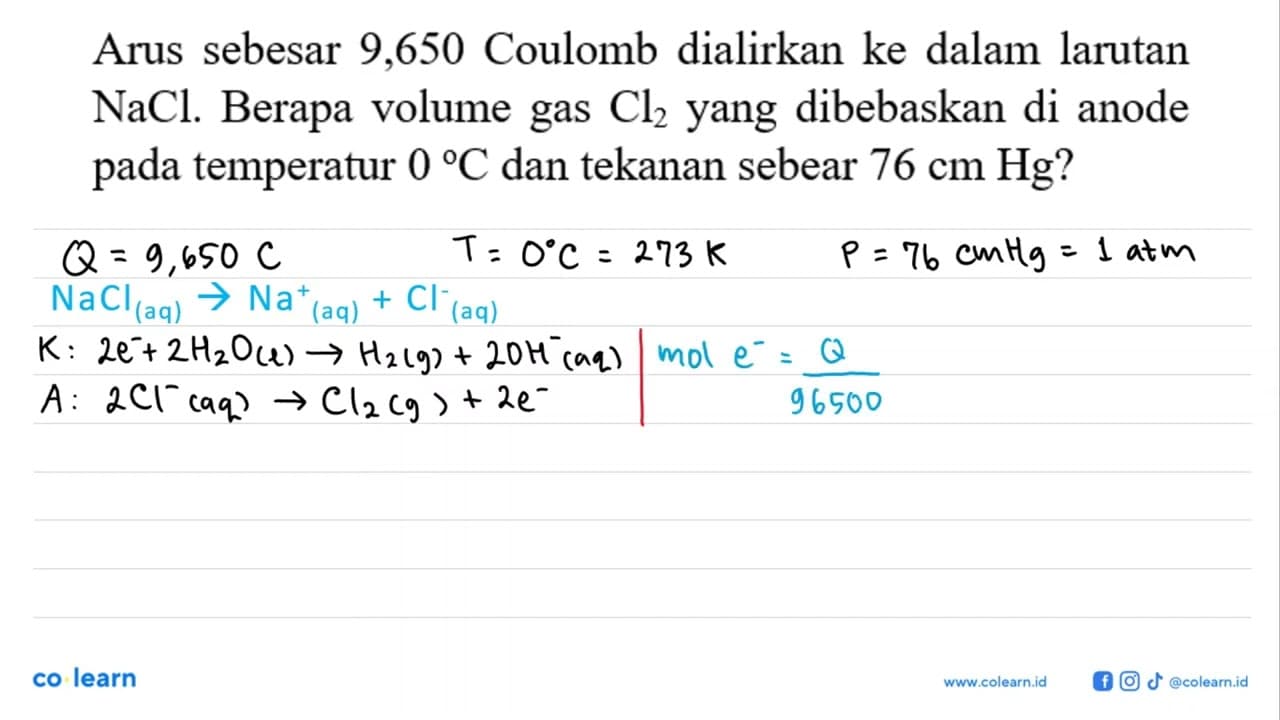 Arus sebesar 9,650 Coulomb dialirkan ke dalam larutan NaCl.