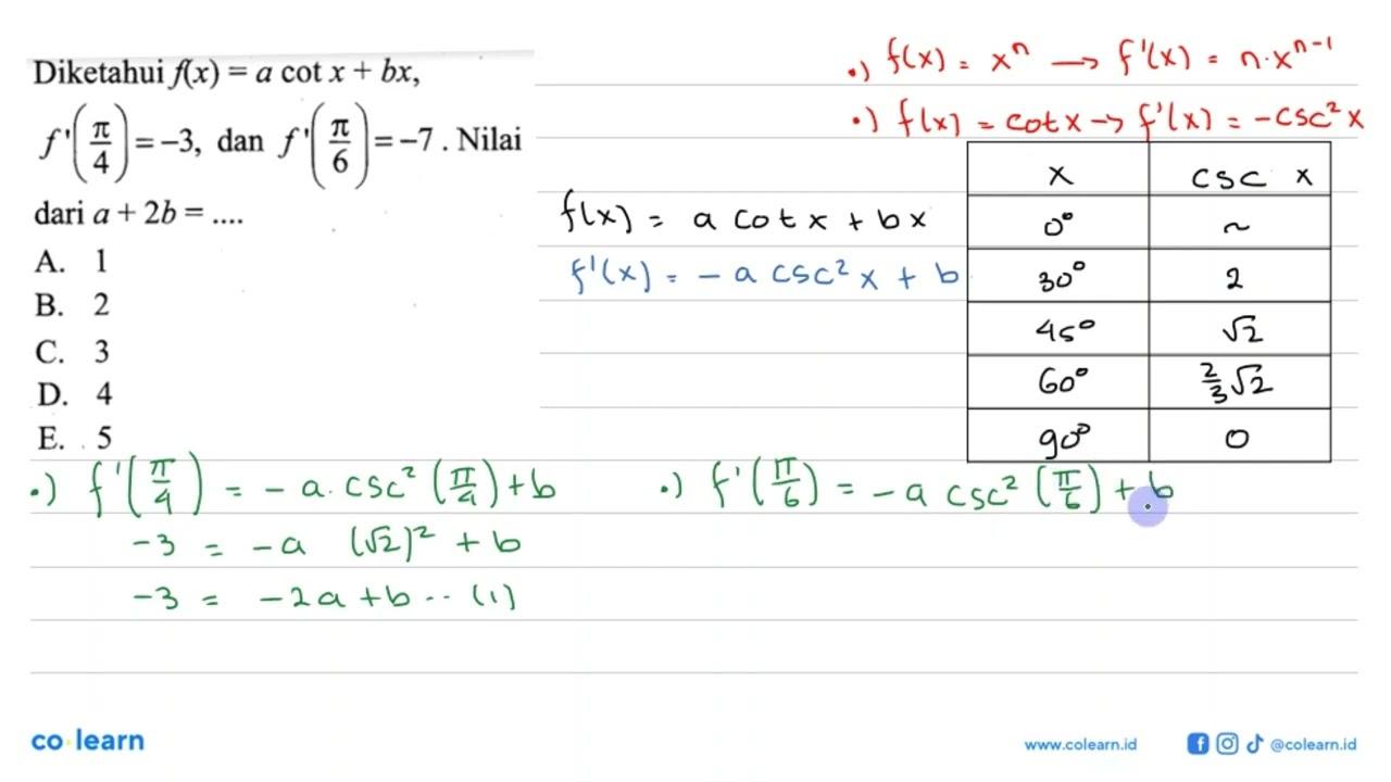 Diketahui f(x)=a cot x+bx, f'(pi/4)=-3, dan f'(pi/6)=-7.