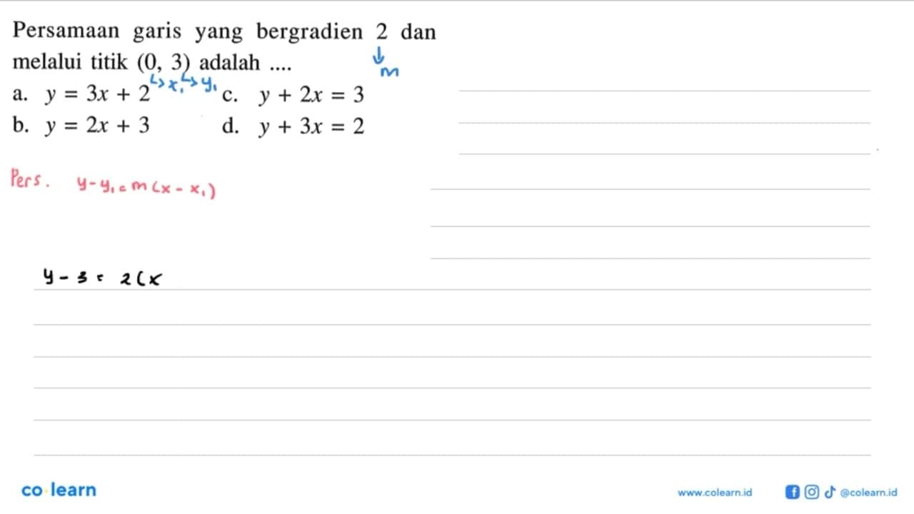 Persamaan garis yang bergradien 2 dan melalui titik (0,3)