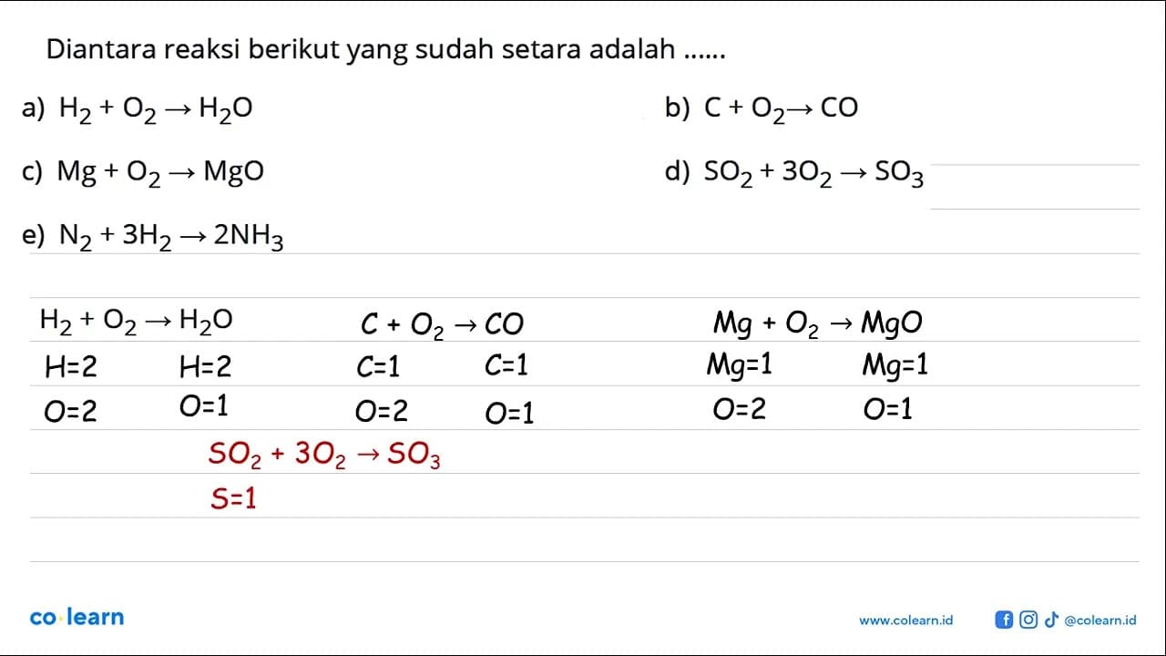 Diantara reaksi berikut yang sudah setara adalah......a)