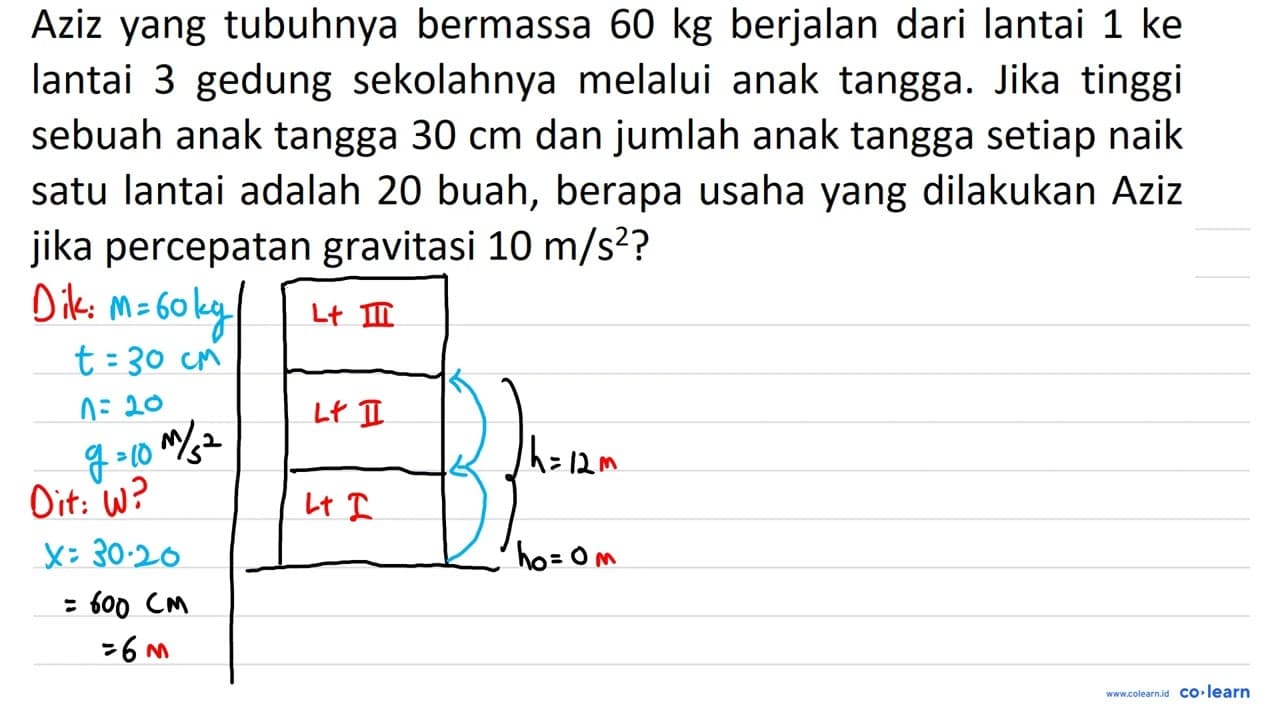 Aziz yang tubuhnya bermassa 60 kg berjalan dari lantai 1 ke