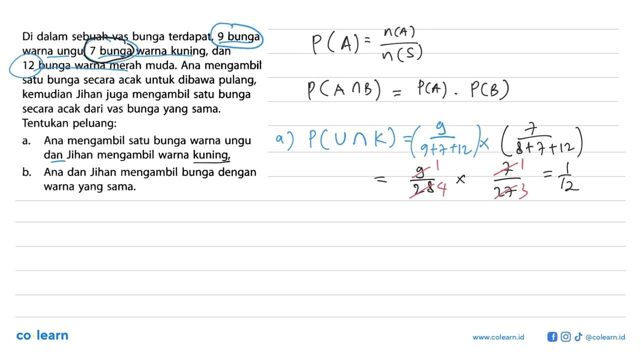 Di dalam sebuah vas bunga terdapat, 9 bunga warna ungu, 7