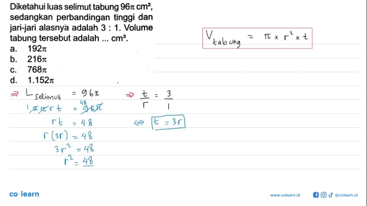 Diketahui luas selimut tabung 96 pi cm^2, sedangkan