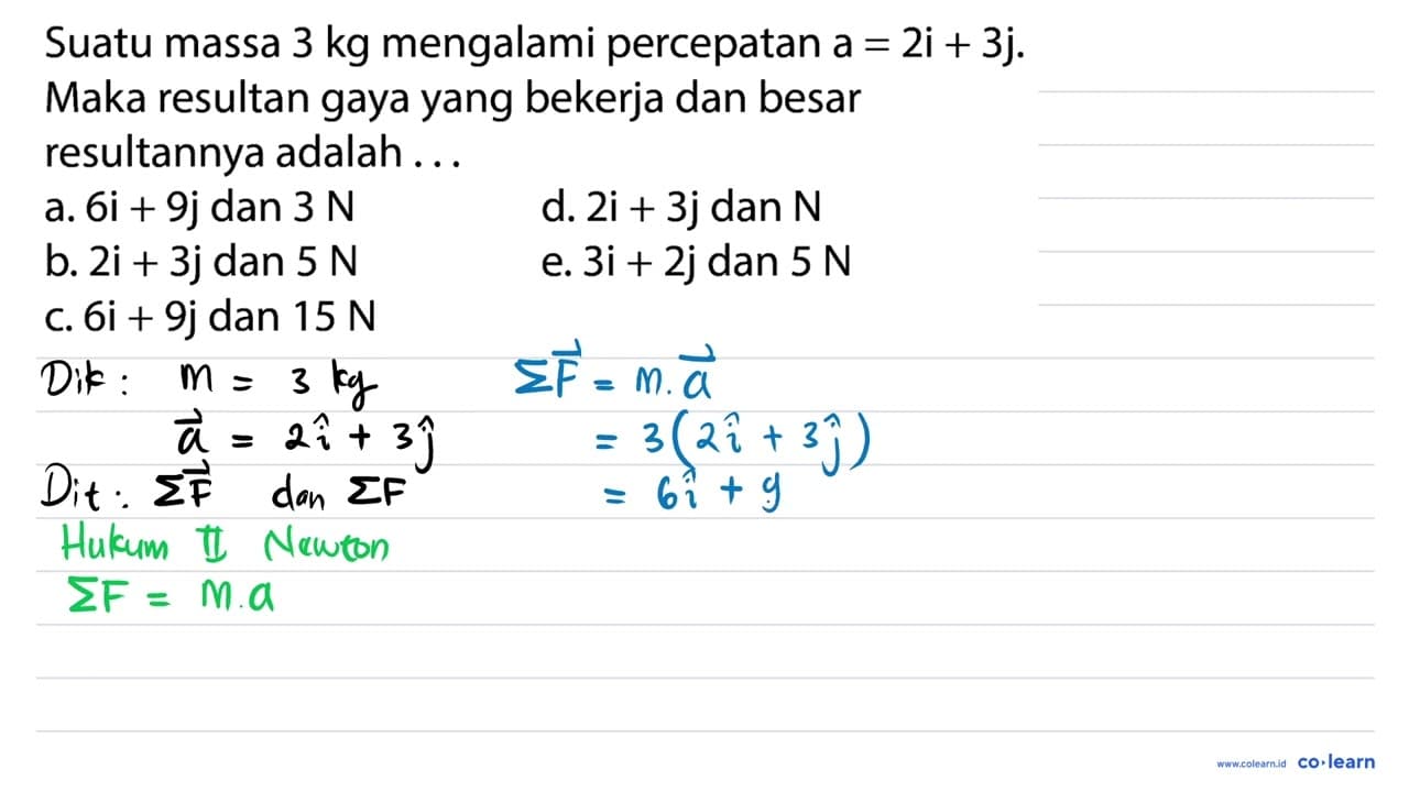 Suatu massa 3 kg mengalami percepatan a=2i+3j. Maka