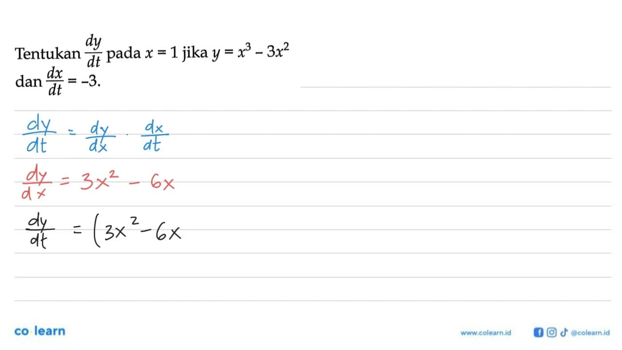 Tentukan dy/dt pada x=1 jika y=x^3-3x^2 dan dx/dt=-3.