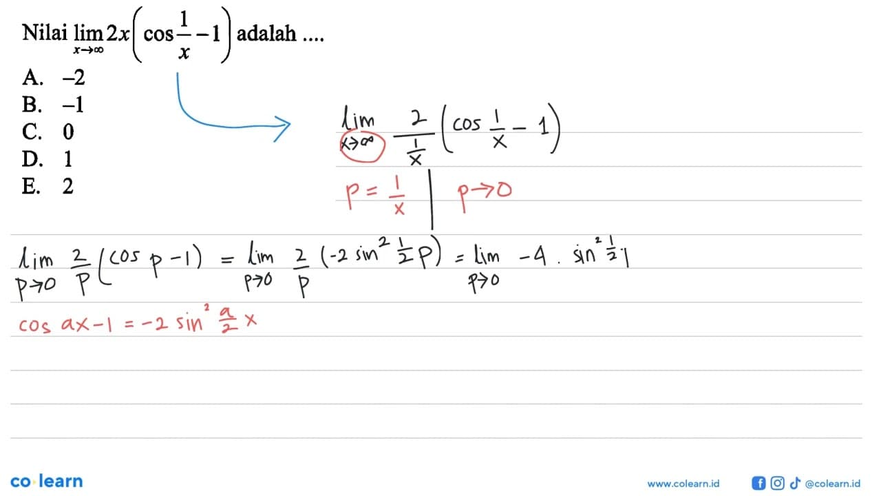 Nilai lim x menuju tak hingga 2x(cos(1/x)-1) adalah ...