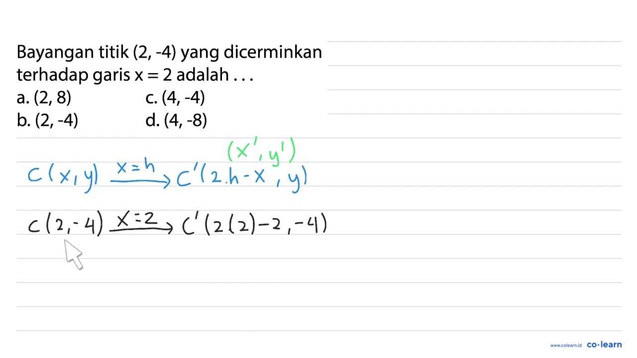 Bayangan titik (2,-4) yang dicerminkan terhadap garis x=2