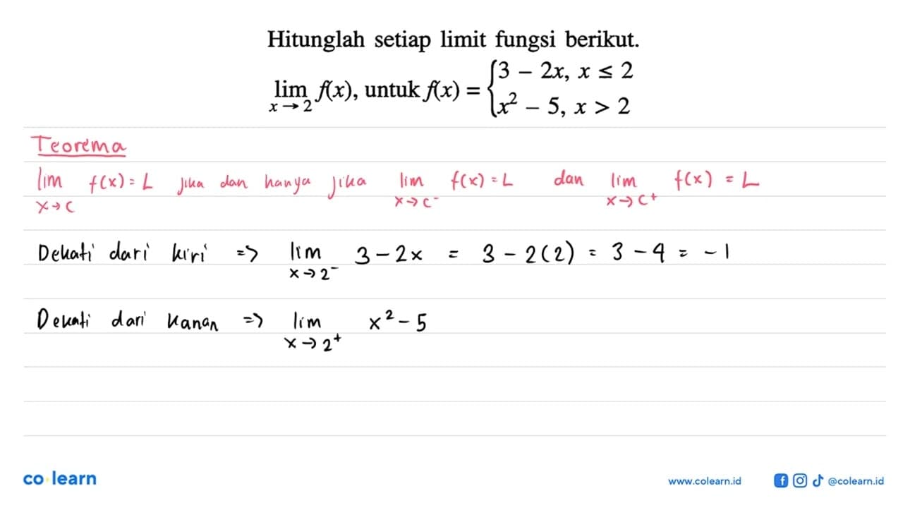 Hitunglah setiap limit fungsi berikut.lim x -> 2 f(x),