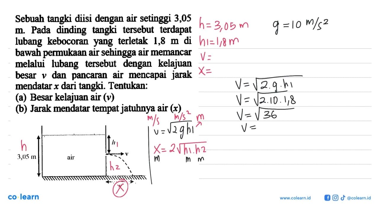 Sebuah tangki diisi dengan air setinggi 3,05 m. Pada