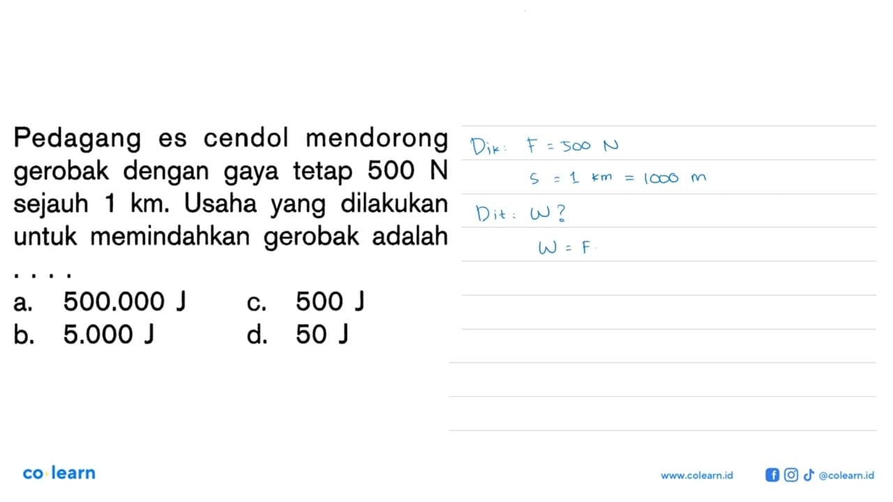 Pedagang es cendol mendorong gerobak dengan gaya tetap 500