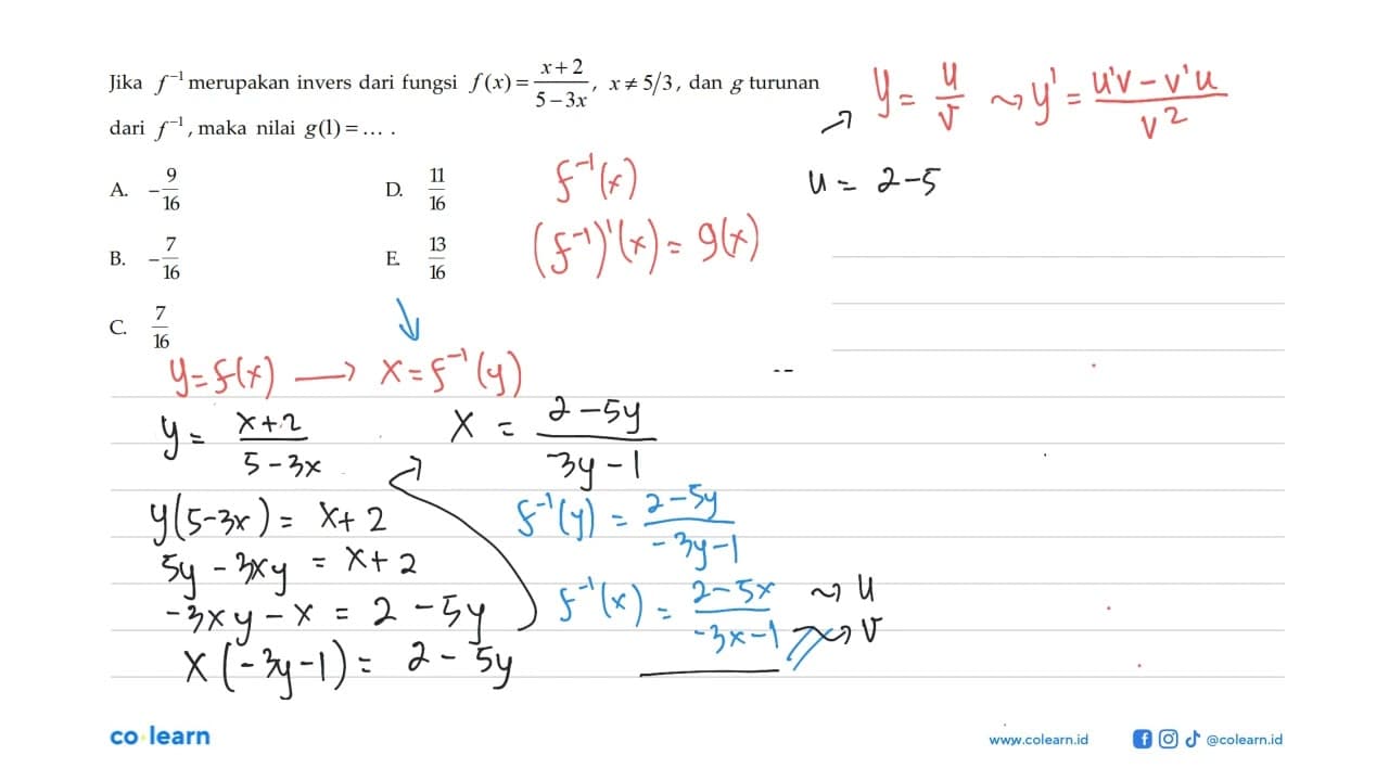 Jika f^-1 merupakan invers dari fungsi f(x)=x+2/5-3 x, x