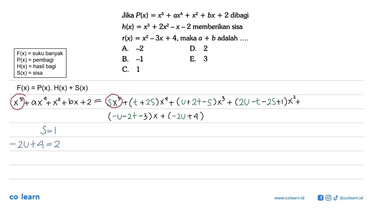 Jika P(x) = x^5+ax^4+x^2+bx+2 dibagi h(x)=x^3+2x^2-x-2