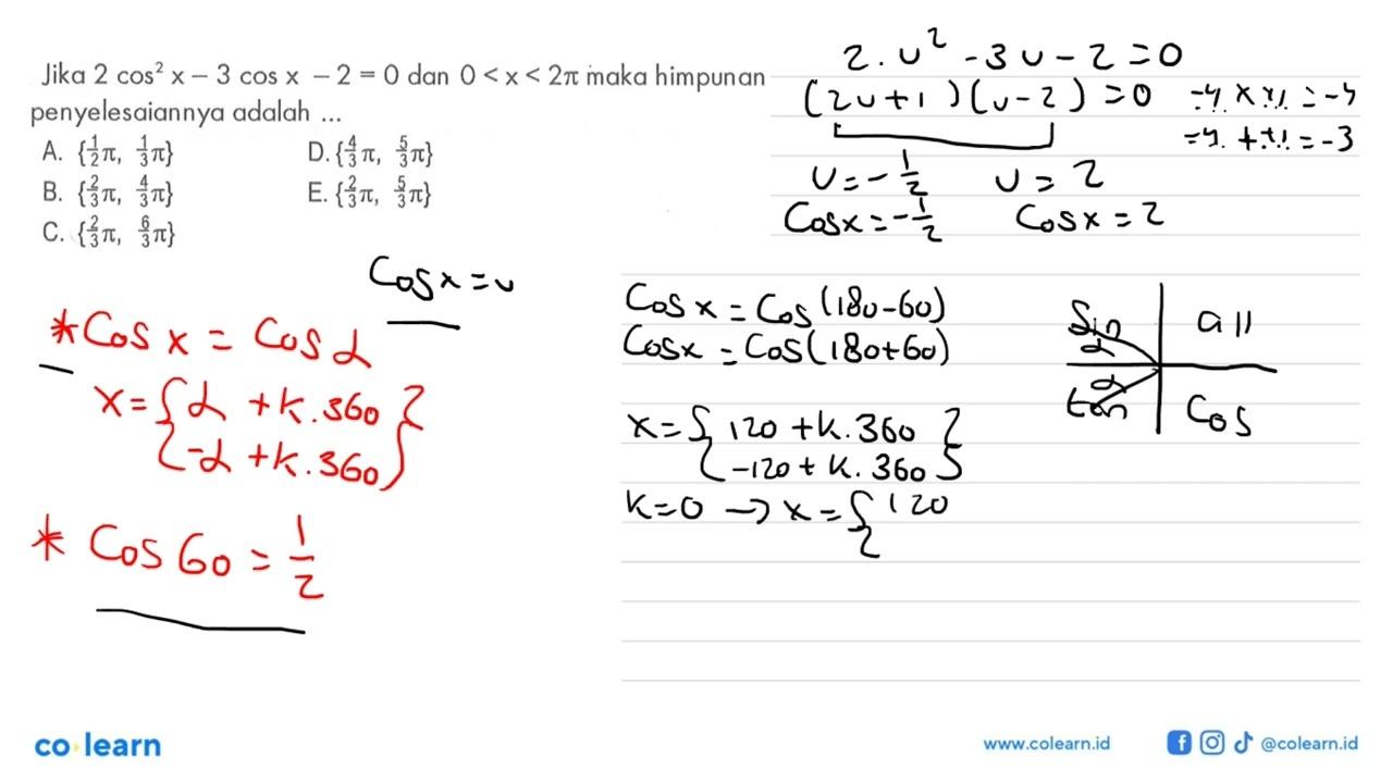 Jika 2 cos^2 x-3 cos x-2=0 dan 0<x<2 pi maka himpunan