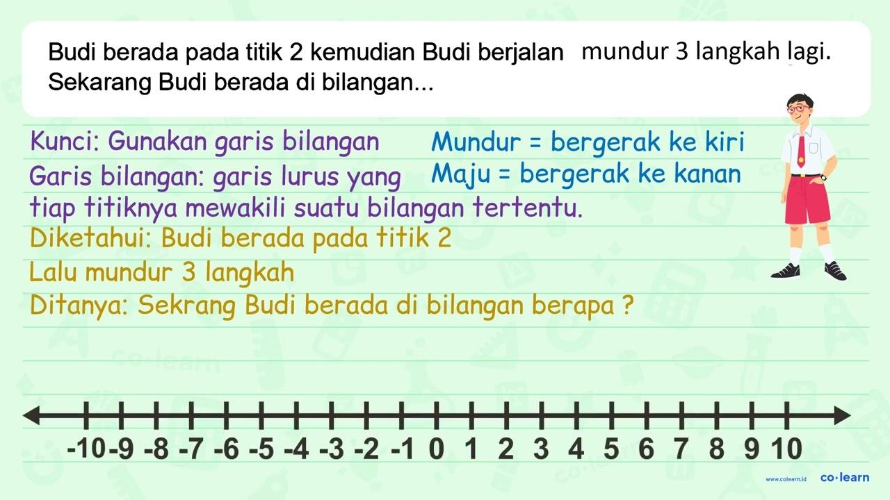 Budi berada pada titik 2 kemudian Budi berjalan mundur 3