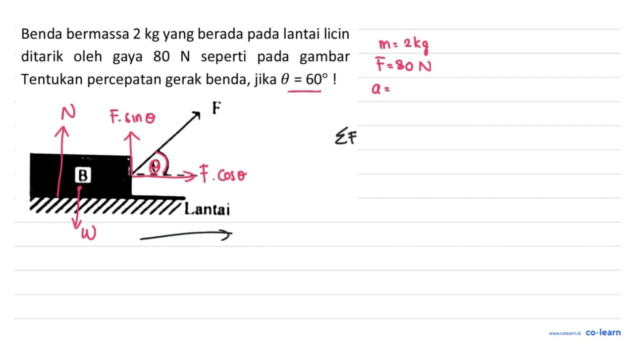 Benda bermassa 2 kg yang berada pada lantai licin ditarik