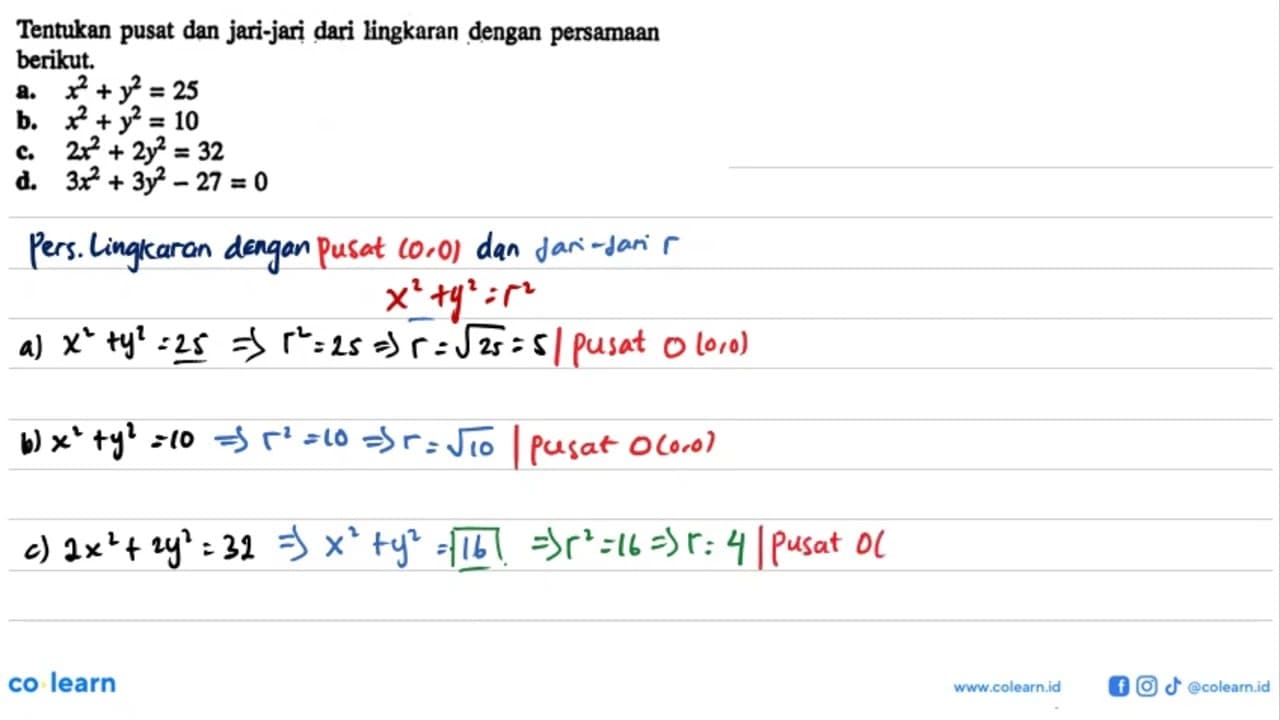 Tentukan pusat dan jari-jari dari lingkaran dengan