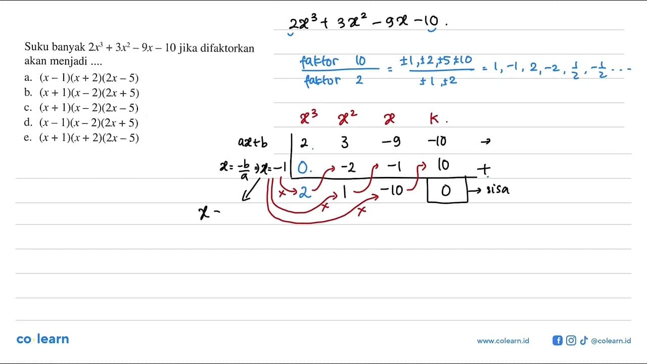 Suku banyak 2x^3+3x^2-9x-10 jika difaktorkan akan menjadi