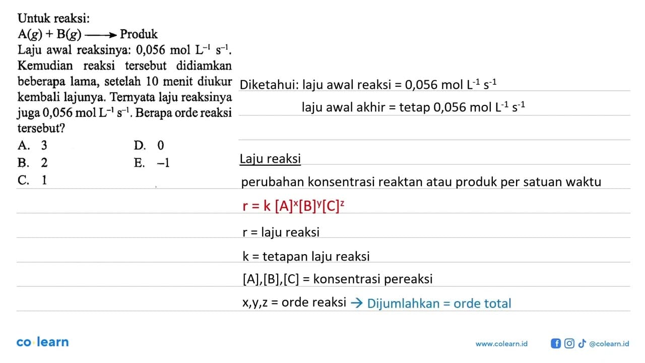 Untuk reaksi: A (g)+B (g) -> Produk Laju awal reaksinya: