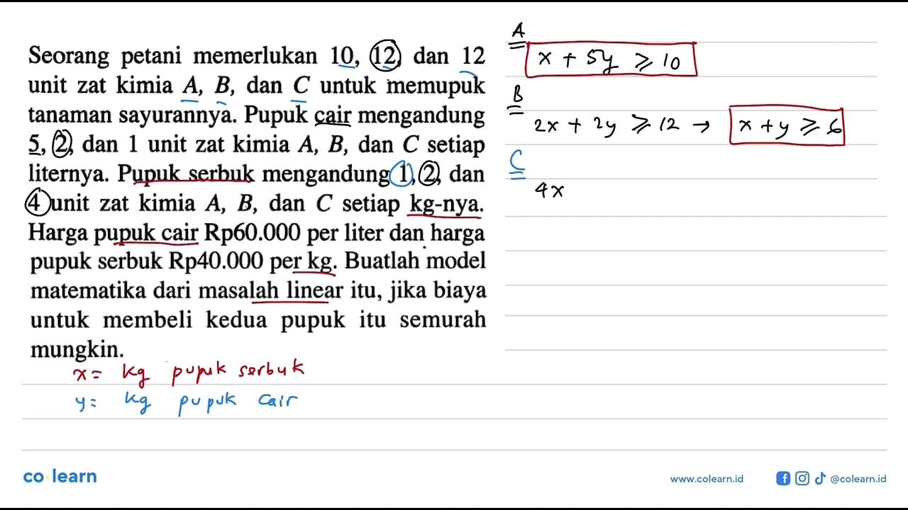 Seorang petani memerlukan 10, 12, dan 12 unit zat kimia A,