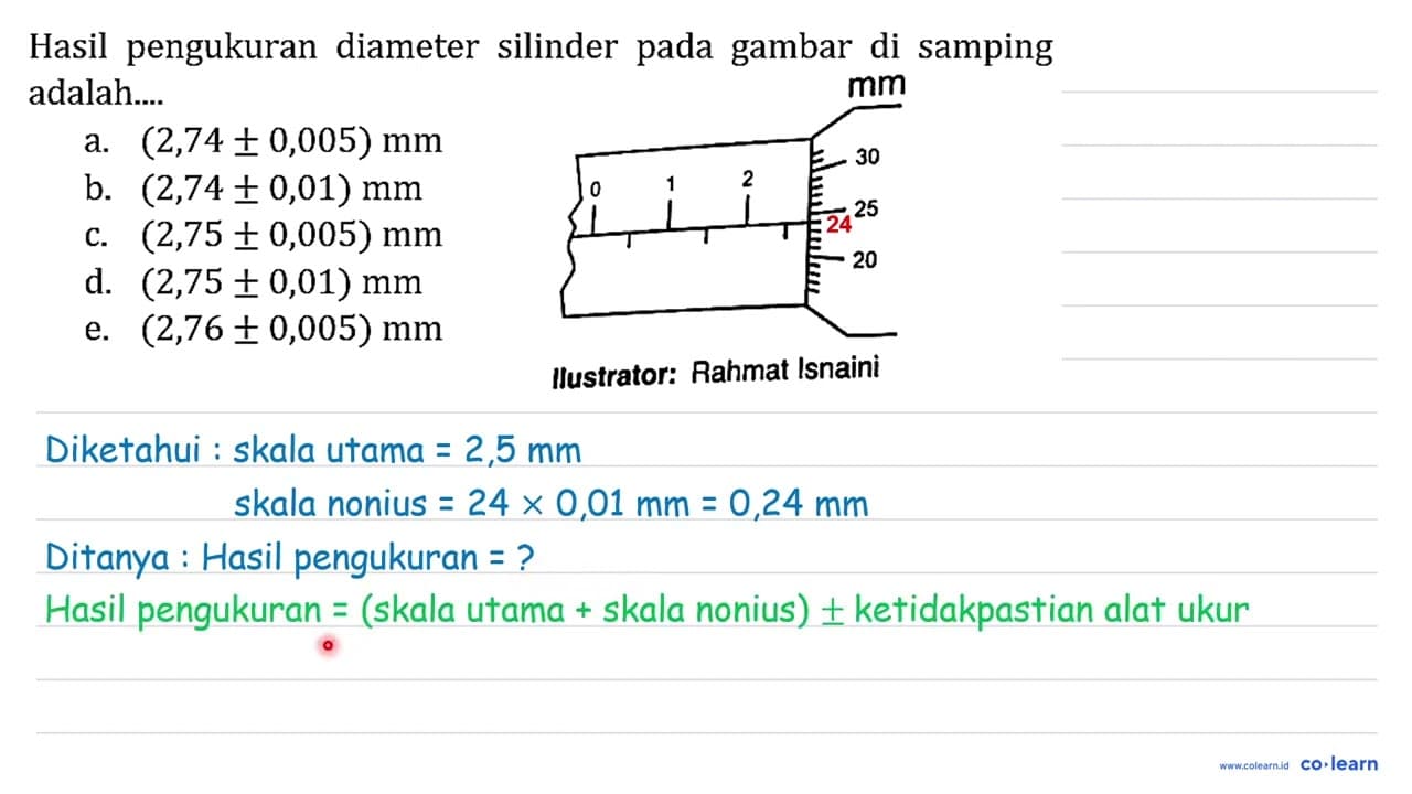 Hasil pengukuran diameter silinder pada gambar di samping