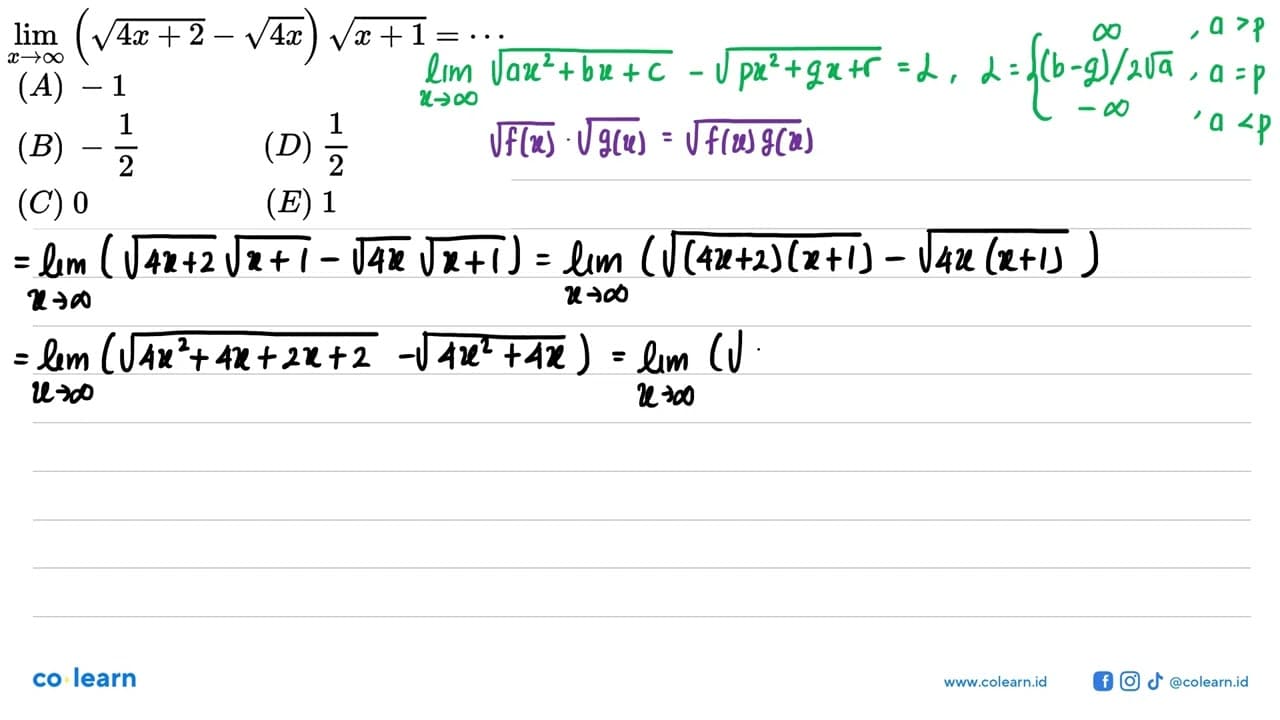 limit x mendekati tak hingga (akar(4x+2)-akar(4x))