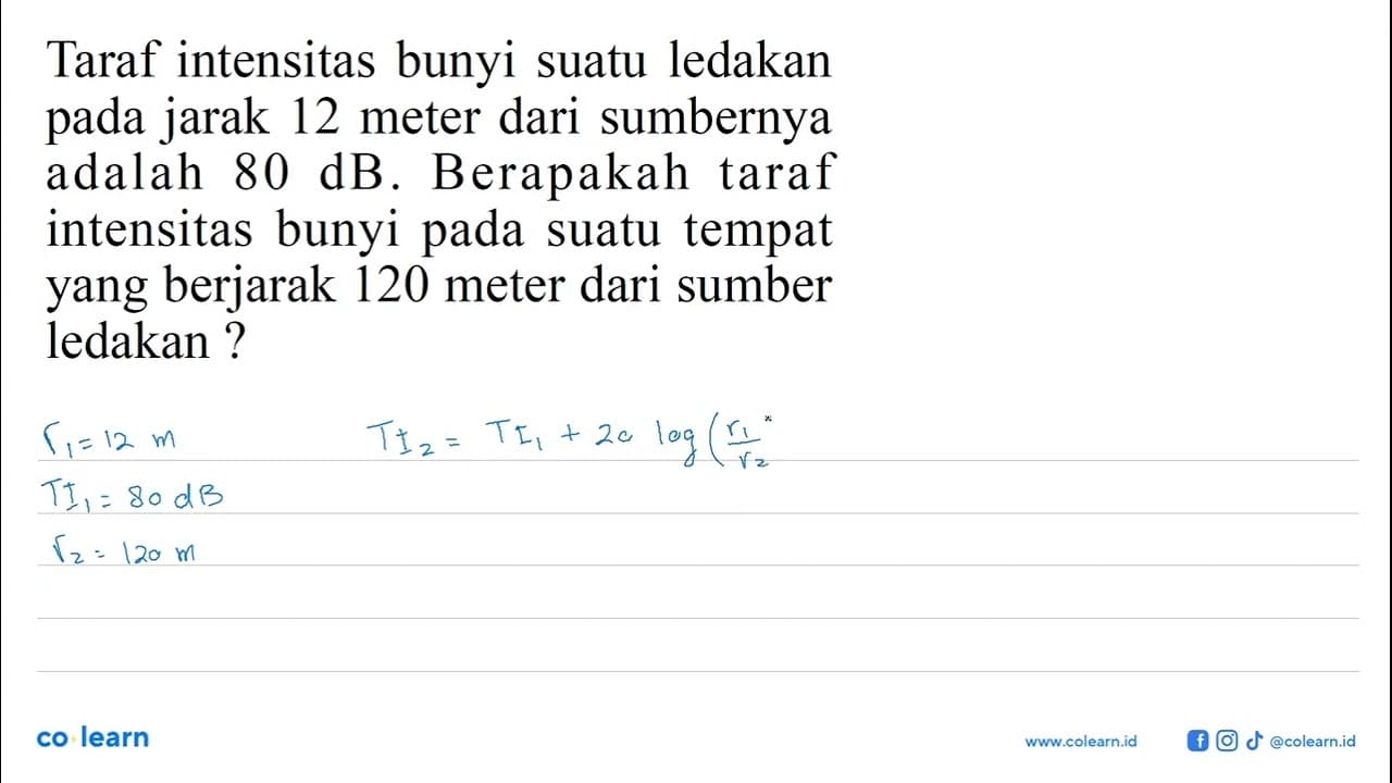 Taraf intensitas bunyi suatu ledakan pada jarak 12 meter