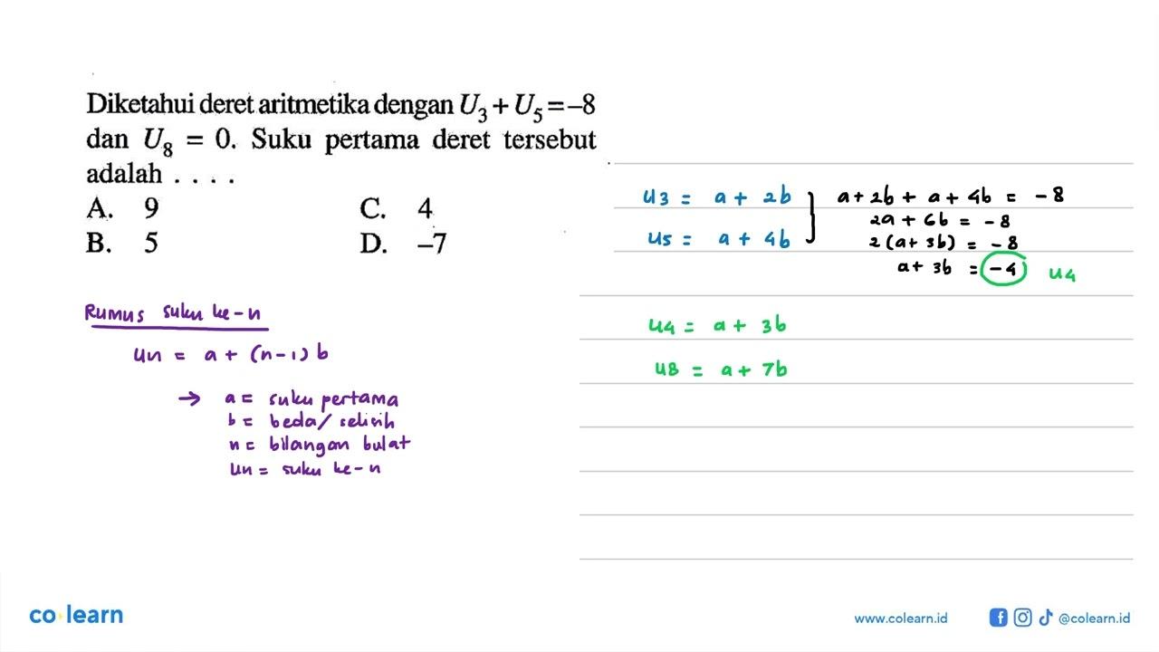 Diketahui deret aritmetika dengan U3 + U5 = -8 dan U8 = 0.