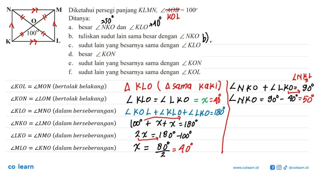 K L M N O 100 Diketahui persegi panjang KLMN, sudut AOB =