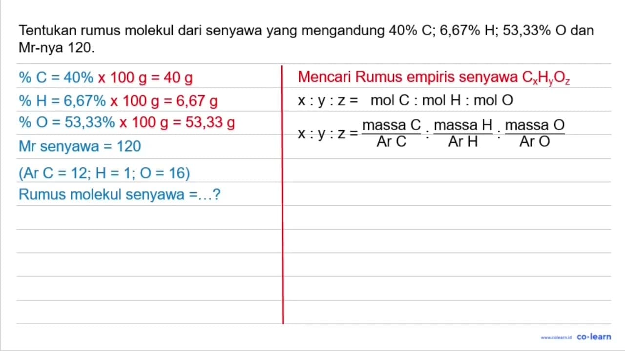Tentukan rumus molekul dari senyawa yang mengandung 40 % C,