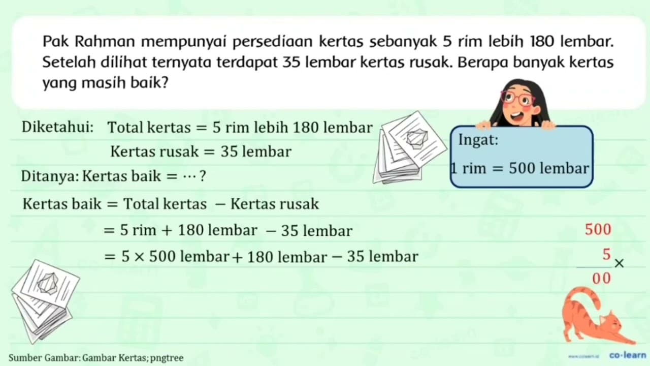 Pak Rahman mempunyai persediaan kertas sebanyak 5 rim lebih