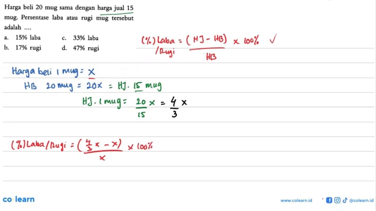 Harga beli 20 mug sama dengan harga jual 15 mug. Persentase