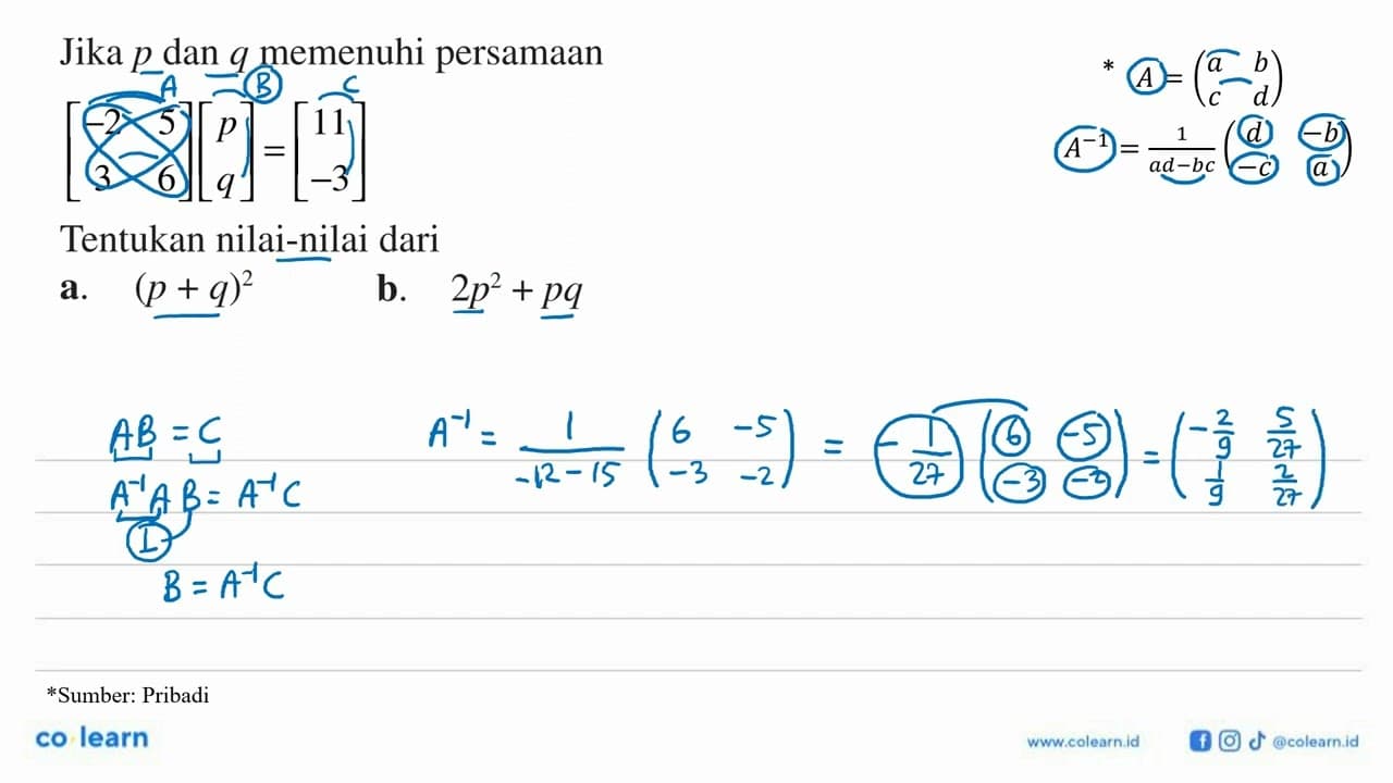 Jika p dan q memenuhi persamaan [-2 5 3 6][p q]=[11 -3]