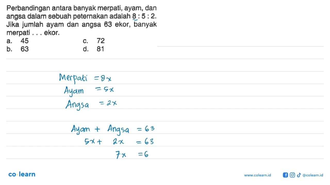 Perbandingan antara banyak merpati, ayam, dan angsa dalam