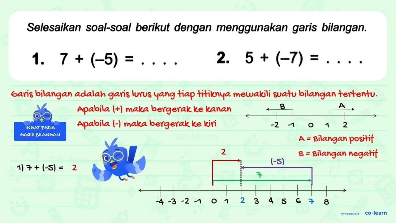 1. 7 + (-5) = . . . . 2. 5 + (-7) = . . . .