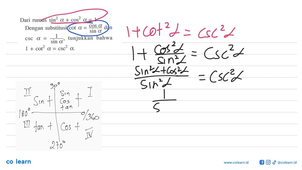 Dari rumus (sin^2)a+(cos^2)a=1 Dengan substitusi cot a=cos