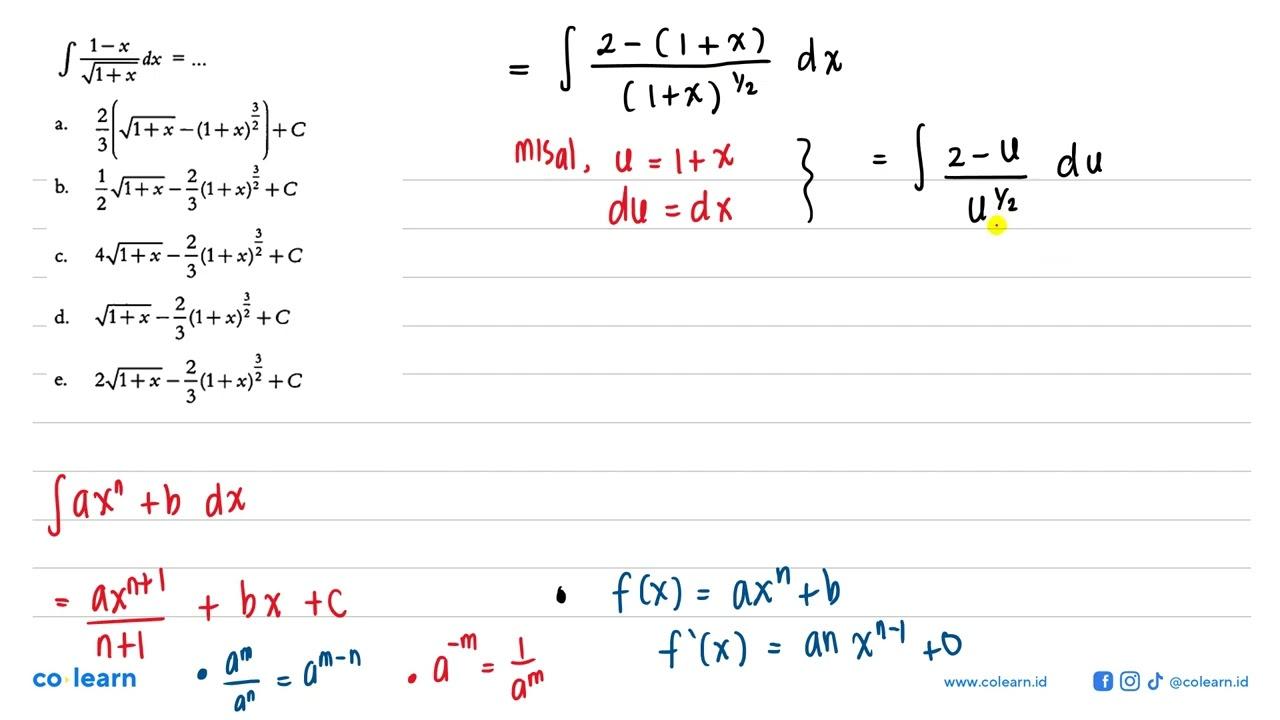 integral (1-x)/(akar(1+x)) dx=...