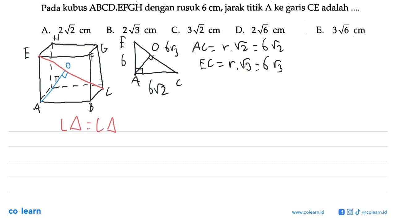 Pada kubus ABCD.EFGH dengan rusuk 6 cm, jarak titik A ke