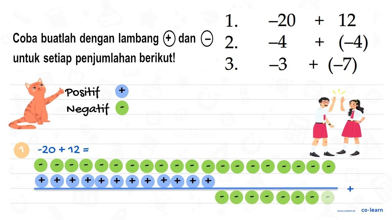 1. -20 + 12 2. -4 + (-4) 3. -3 + (-7)