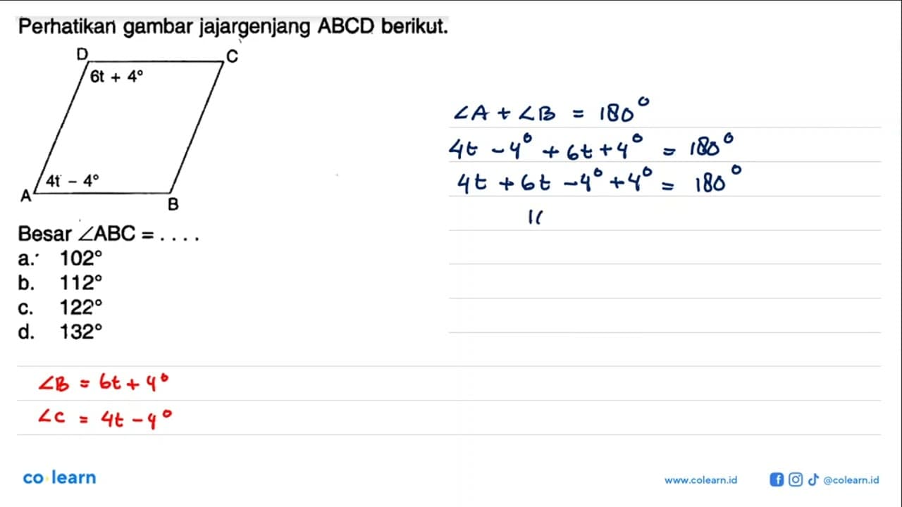 perhatikan gambar jajargenjang ABCD berikut.Besar sudut