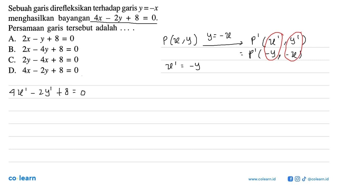 Sebuah garis direfleksikan terhadap garis y=-x menghasilkan