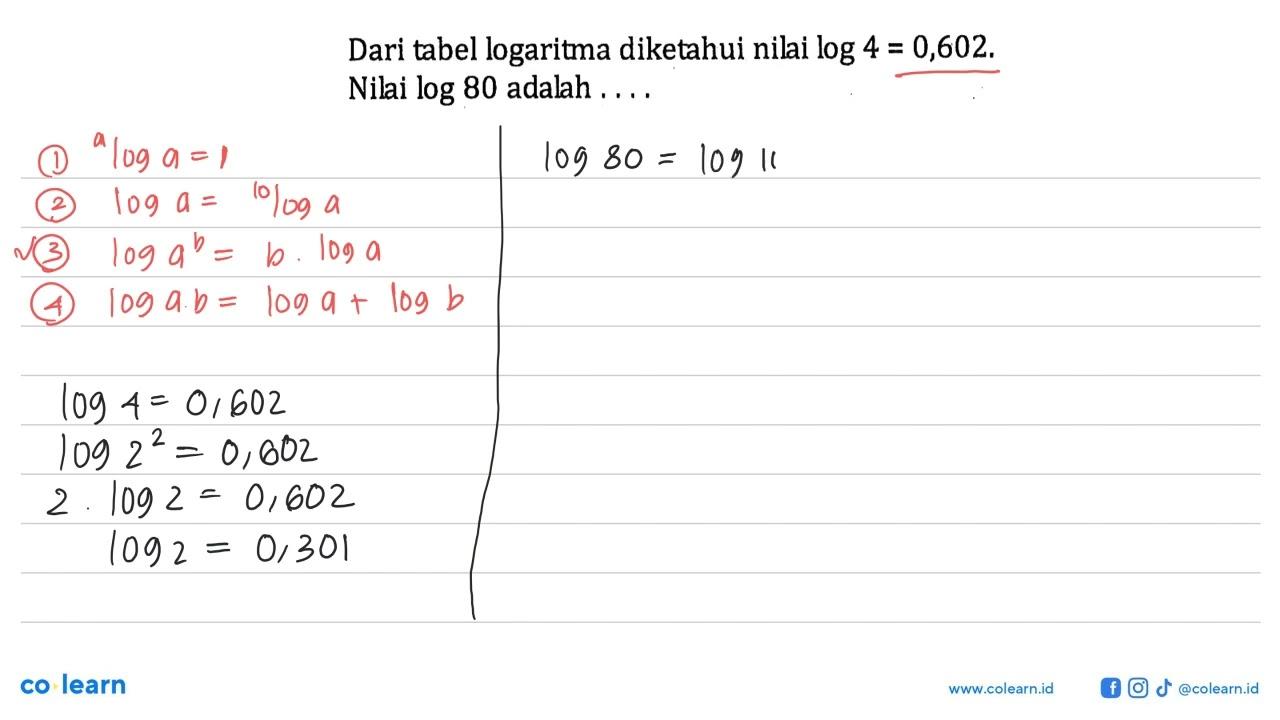 Dari tabel logaritma diketahui nilai log4=0,602. Nilai