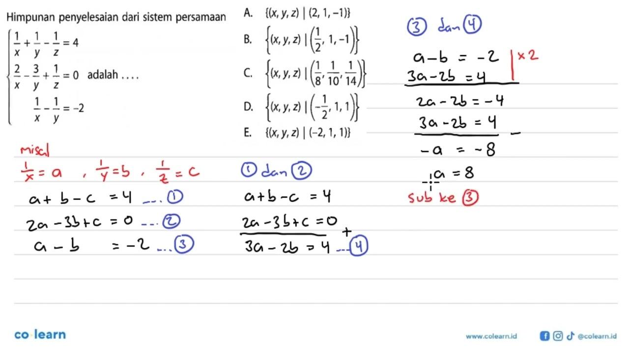 Himpunan penyelesaian dari sistem persamaan 1/x+1/y-1/z=4