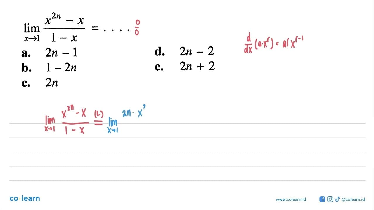 lim x ->1 (x^(2n)-x)/(1-x)=...